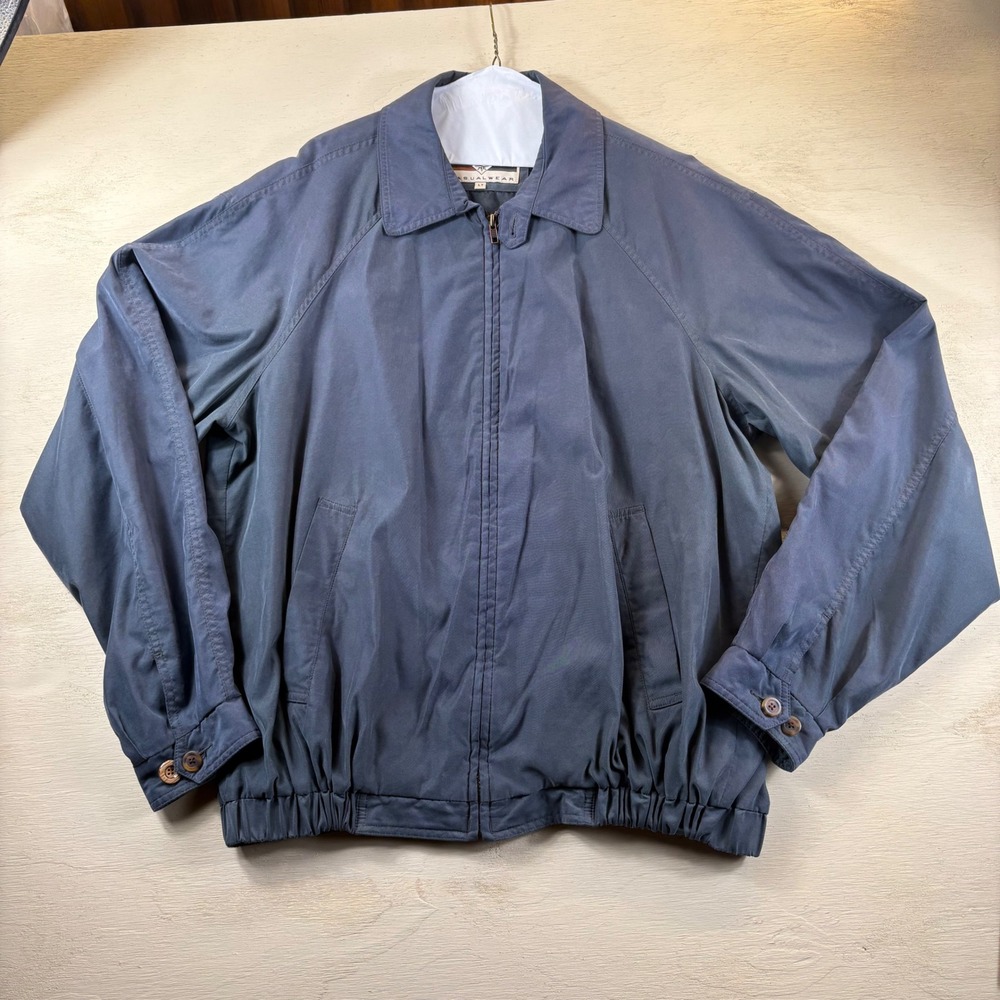 VTG Mens L Tall Harrington Jacket Blue Full Zip Lined Windbreaker 80s casual